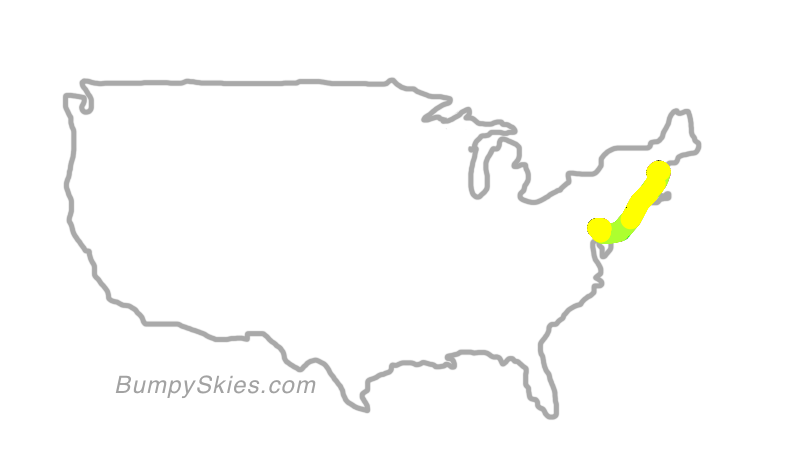 Map of continental US with illustrated flight path and turbulence forecast (described in text below)