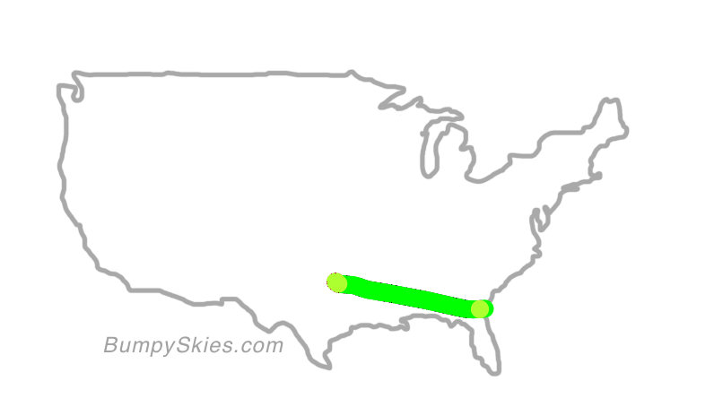 Map of continental US with illustrated flight path and turbulence forecast (described in text below)