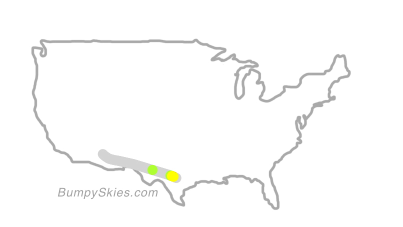 Map of continental US with illustrated flight path and turbulence forecast (described in text below)