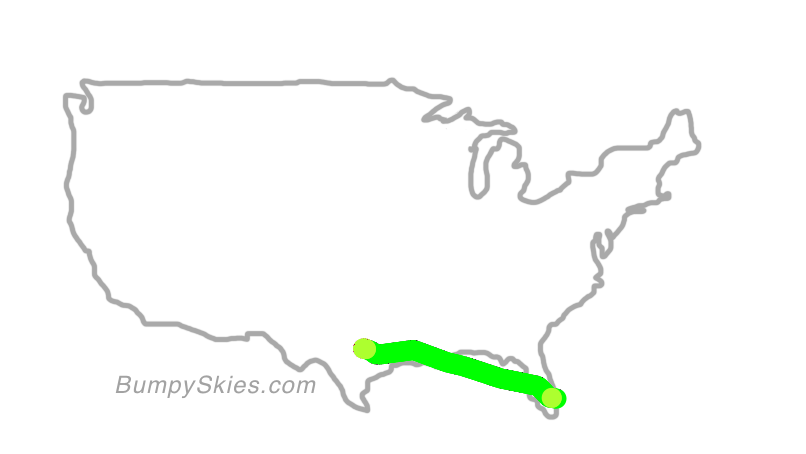Map of continental US with illustrated flight path and turbulence forecast (described in text below)