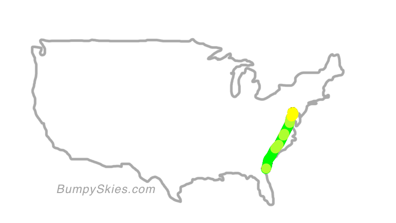 Map of continental US with illustrated flight path and turbulence forecast (described in text below)