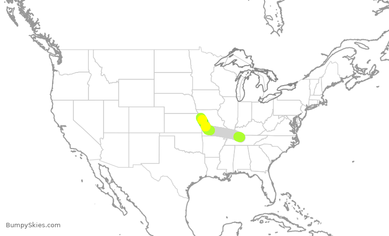 Turbulence forecast map for SWA1667, BNA to MCI