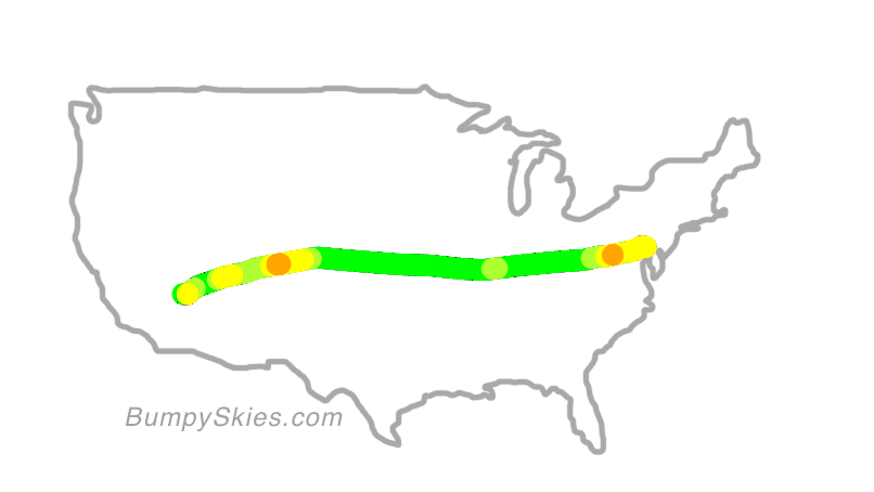 Map of continental US with illustrated flight path and turbulence forecast (described in text below)
