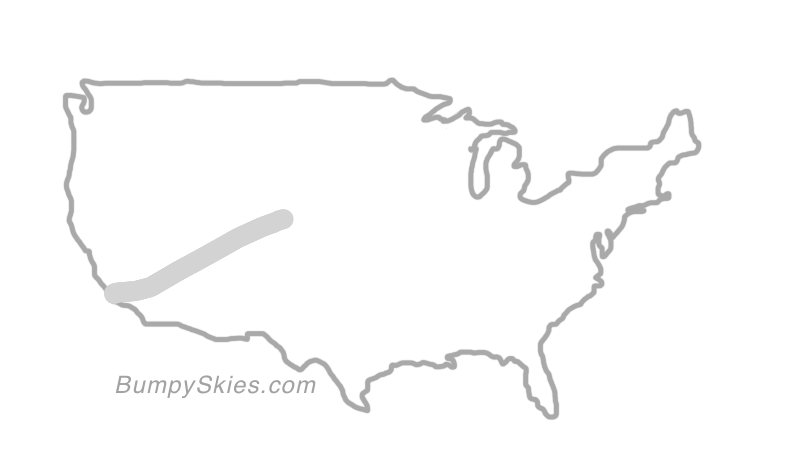 Map of continental US with illustrated flight path and turbulence forecast (described in text below)