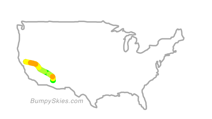 Map of continental US with illustrated flight path and turbulence forecast (described in text below)