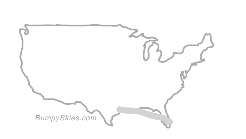 Map of continental US with illustrated flight path and turbulence forecast (described in text below)