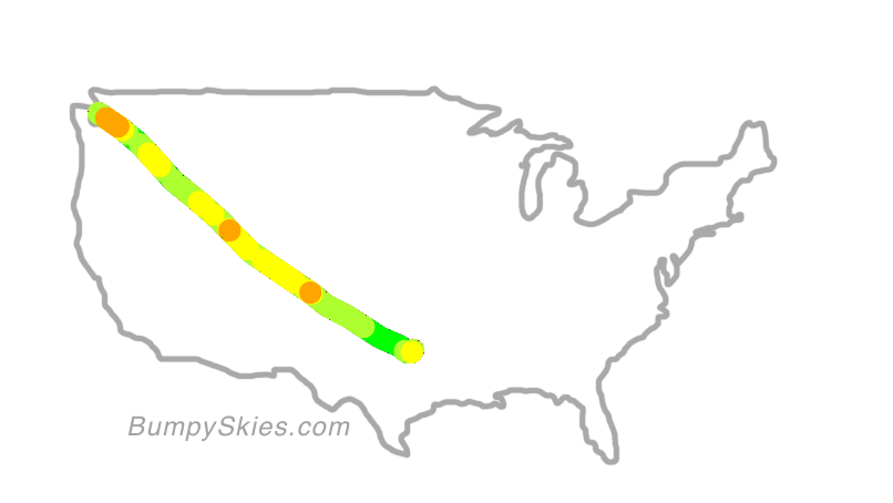 Map of continental US with illustrated flight path and turbulence forecast (described in text below)
