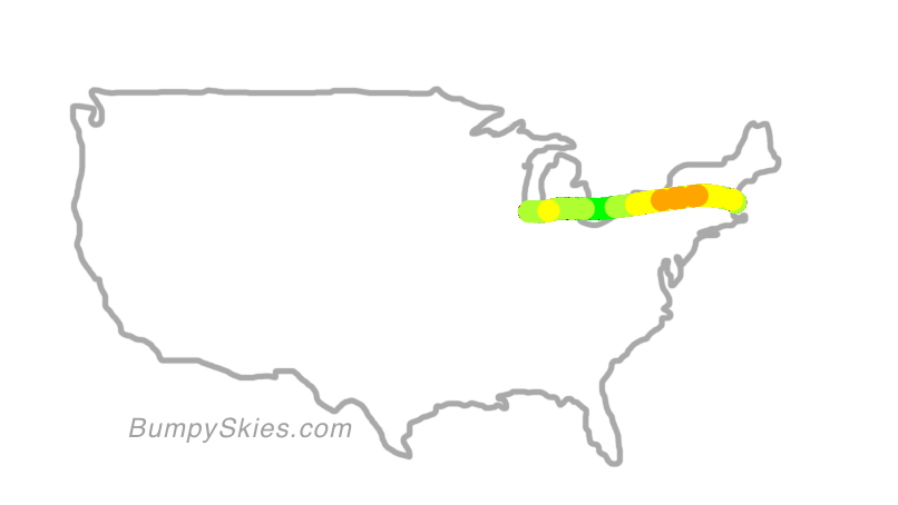 Map of continental US with illustrated flight path and turbulence forecast (described in text below)