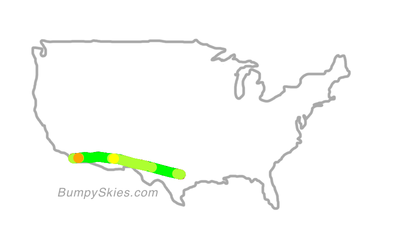 Map of continental US with illustrated flight path and turbulence forecast (described in text below)