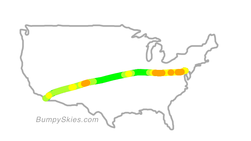 Map of continental US with illustrated flight path and turbulence forecast (described in text below)