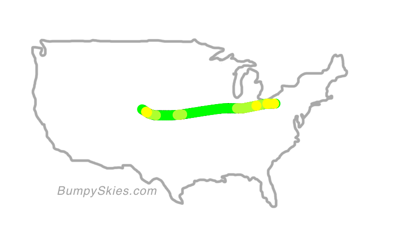 Map of continental US with illustrated flight path and turbulence forecast (described in text below)