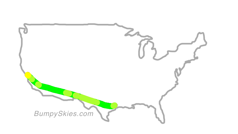 Map of continental US with illustrated flight path and turbulence forecast (described in text below)