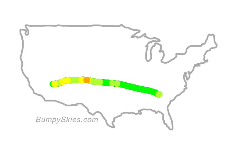 Map of continental US with illustrated flight path and turbulence forecast (described in text below)