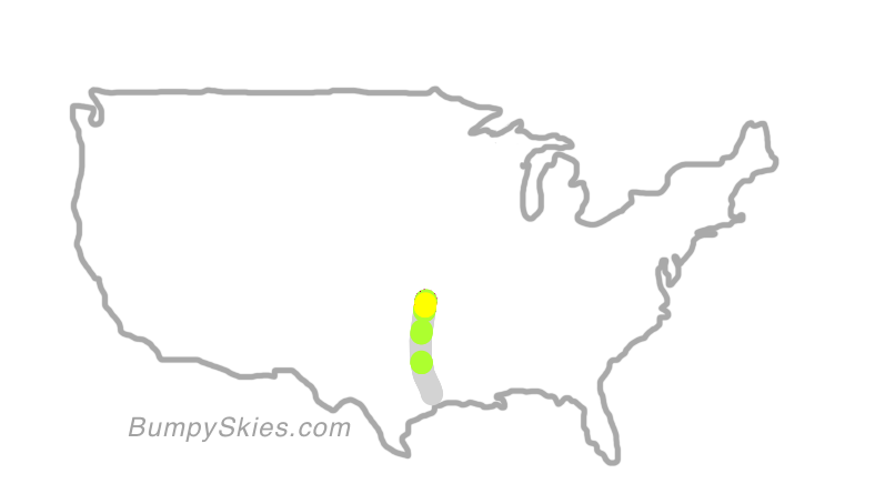 Map of continental US with illustrated flight path and turbulence forecast (described in text below)