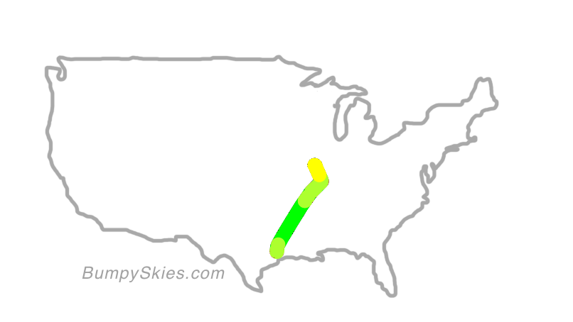 Map of continental US with illustrated flight path and turbulence forecast (described in text below)