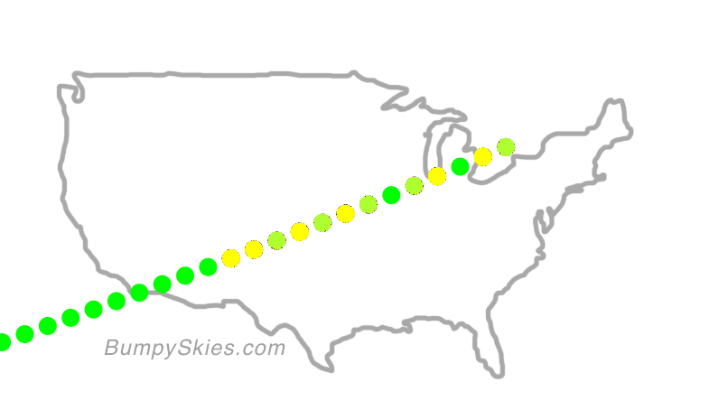 Map of continental US with illustrated flight path and turbulence forecast (described in text below)