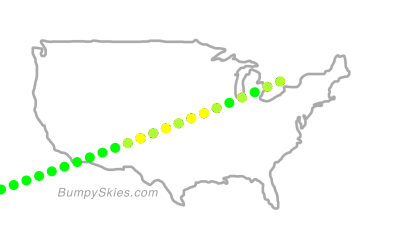 Map of continental US with illustrated flight path and turbulence forecast (described in text below)