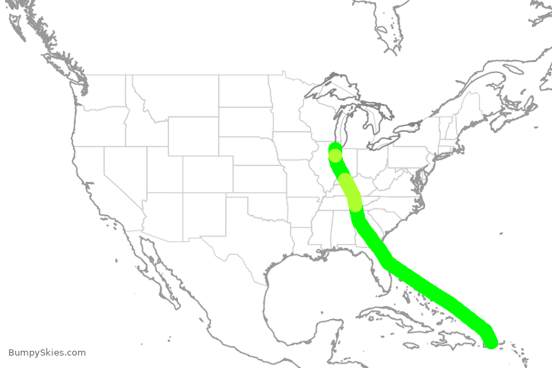 Turbulence forecast map for SWA1784, MDW to JSJ