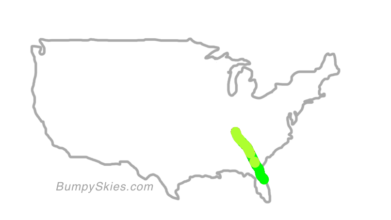 Map of continental US with illustrated flight path and turbulence forecast (described in text below)