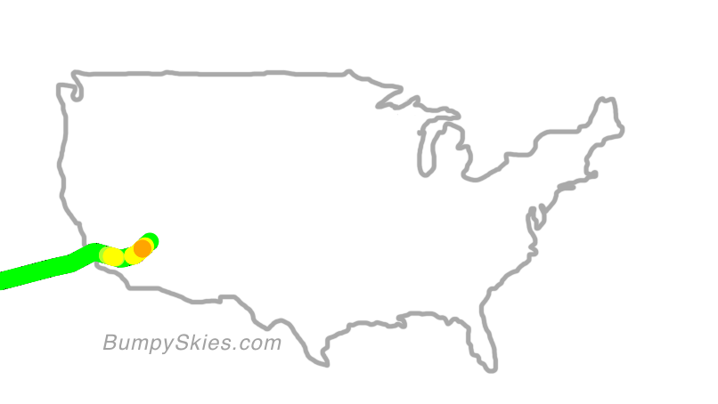 Map of continental US with illustrated flight path and turbulence forecast (described in text below)