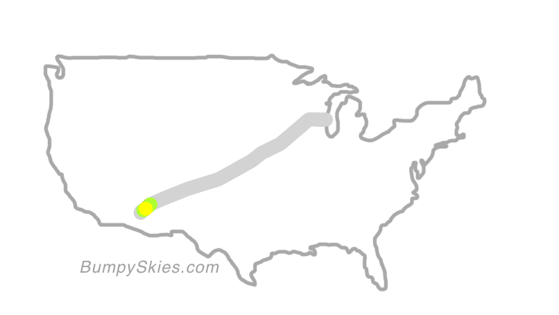 Map of continental US with illustrated flight path and turbulence forecast (described in text below)