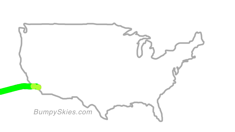 Map of continental US with illustrated flight path and turbulence forecast (described in text below)