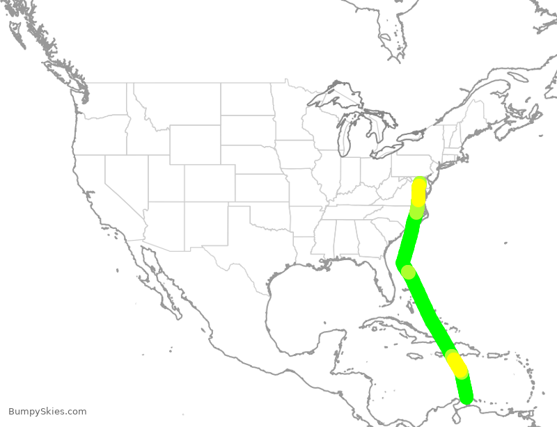Turbulence forecast map for SWA1804, BWI to AUA