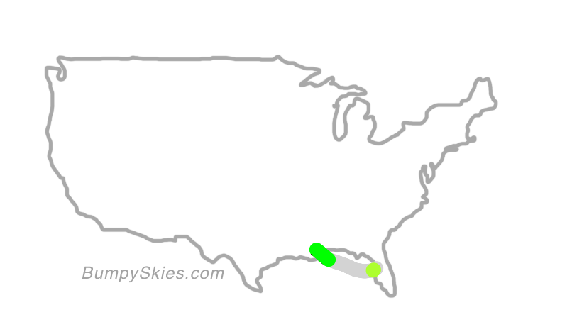 Map of continental US with illustrated flight path and turbulence forecast (described in text below)