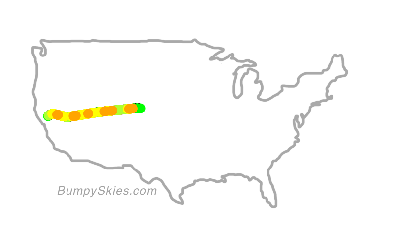 Map of continental US with illustrated flight path and turbulence forecast (described in text below)