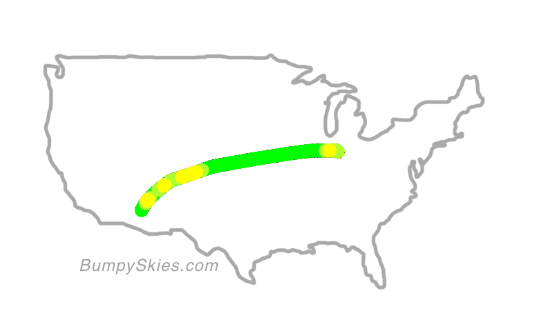 Map of continental US with illustrated flight path and turbulence forecast (described in text below)