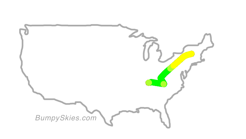 Map of continental US with illustrated flight path and turbulence forecast (described in text below)