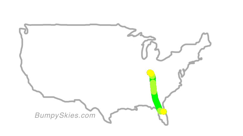 Map of continental US with illustrated flight path and turbulence forecast (described in text below)