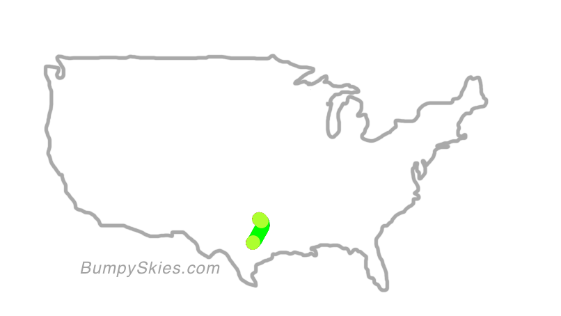 Map of continental US with illustrated flight path and turbulence forecast (described in text below)