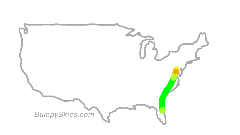Map of continental US with illustrated flight path and turbulence forecast (described in text below)