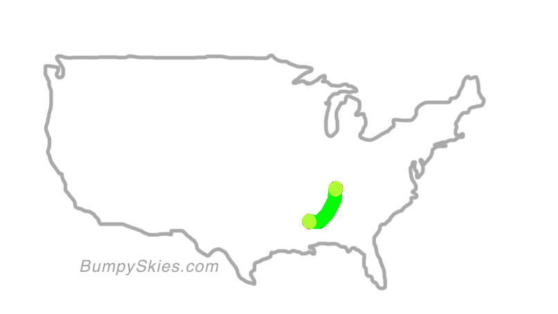 Map of continental US with illustrated flight path and turbulence forecast (described in text below)