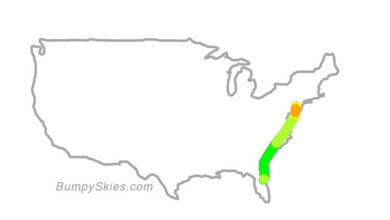 Map of continental US with illustrated flight path and turbulence forecast (described in text below)