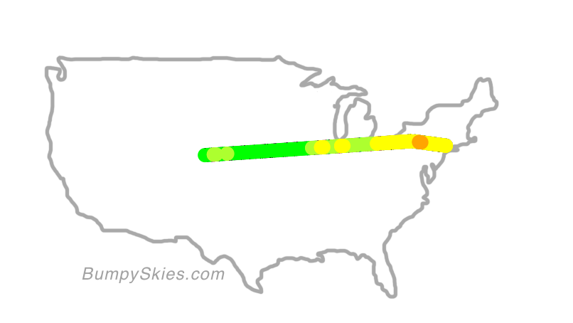 Map of continental US with illustrated flight path and turbulence forecast (described in text below)