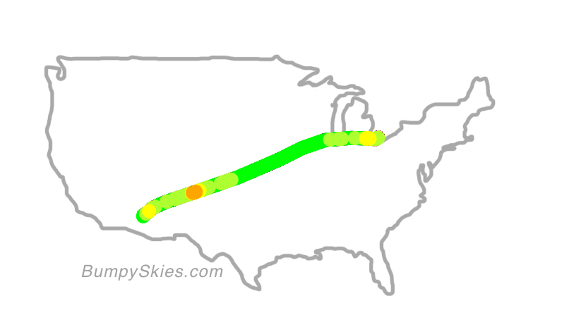 Map of continental US with illustrated flight path and turbulence forecast (described in text below)