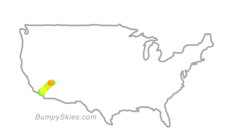 Map of continental US with illustrated flight path and turbulence forecast (described in text below)