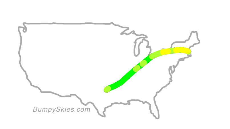 Map of continental US with illustrated flight path and turbulence forecast (described in text below)
