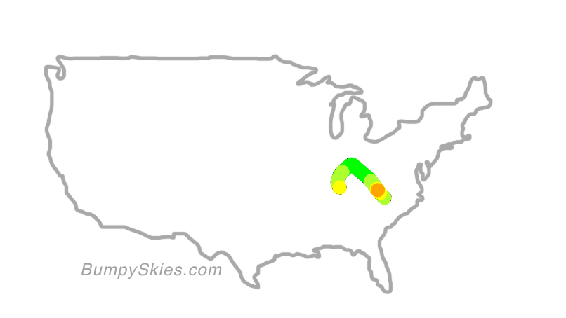 Map of continental US with illustrated flight path and turbulence forecast (described in text below)