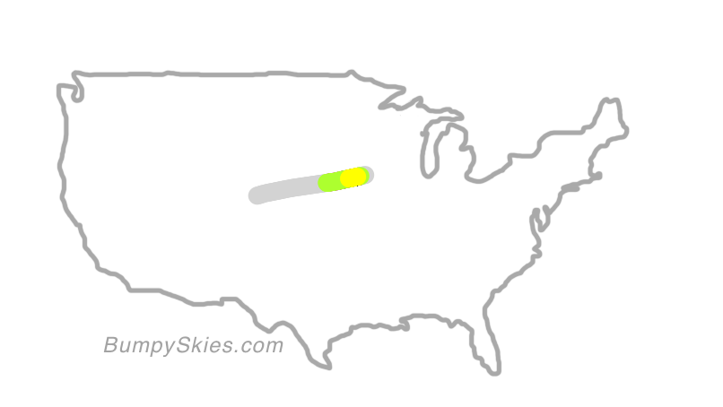 Map of continental US with illustrated flight path and turbulence forecast (described in text below)