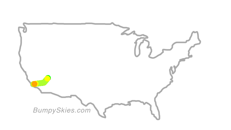Map of continental US with illustrated flight path and turbulence forecast (described in text below)