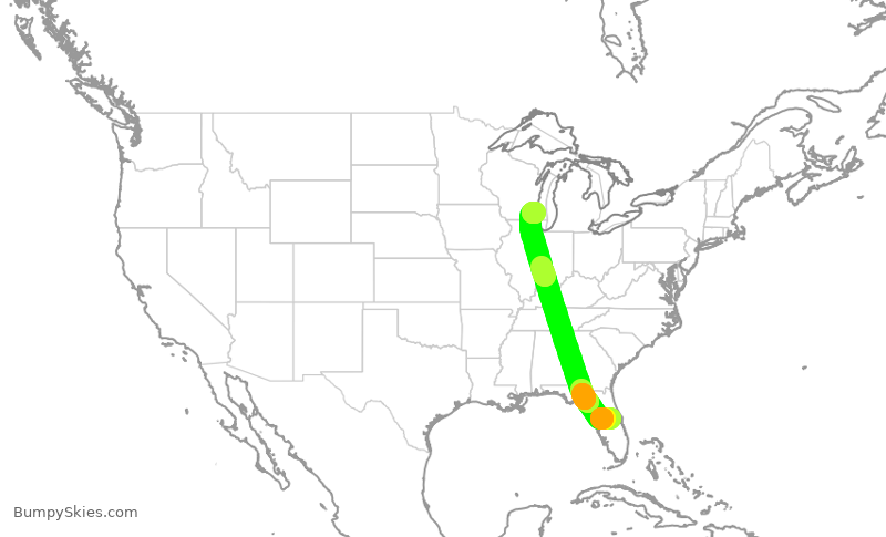 Turbulence forecast map for SWA1947, MCO to MKE