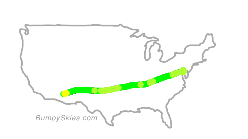 Map of continental US with illustrated flight path and turbulence forecast (described in text below)