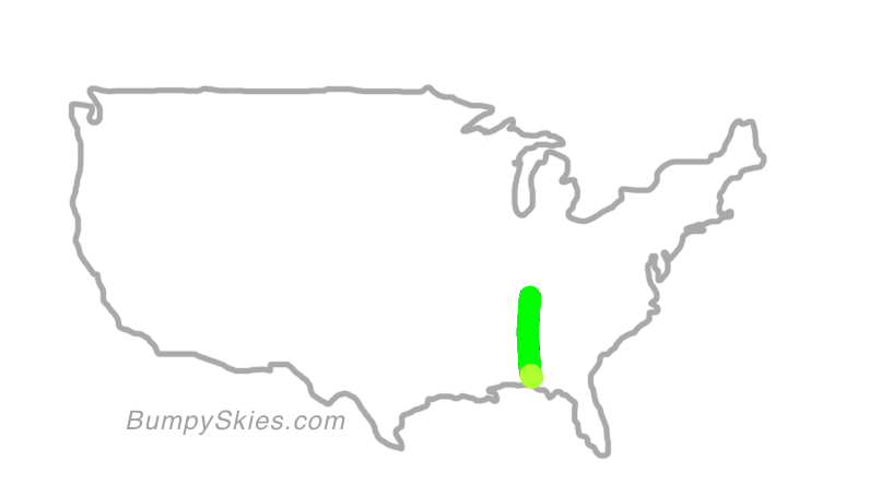 Map of continental US with illustrated flight path and turbulence forecast (described in text below)