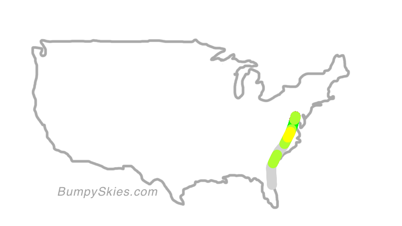 Map of continental US with illustrated flight path and turbulence forecast (described in text below)