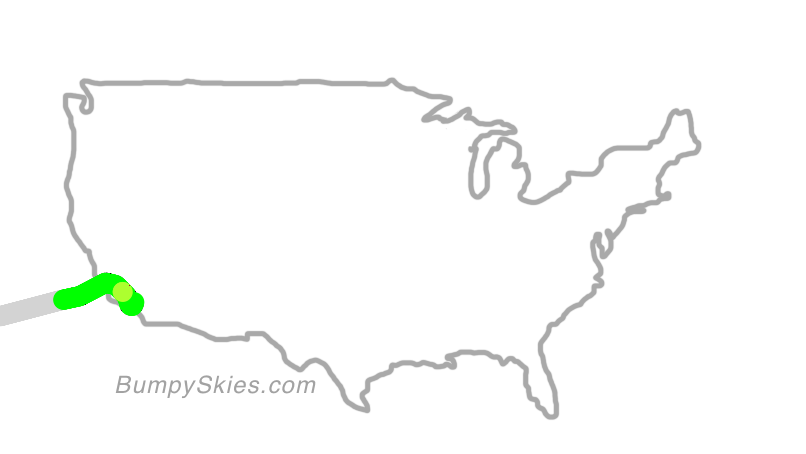 Map of continental US with illustrated flight path and turbulence forecast (described in text below)