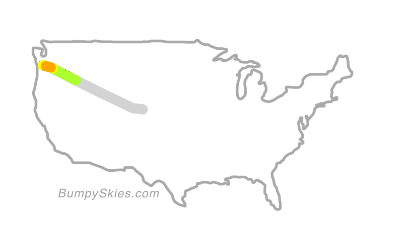 Map of continental US with illustrated flight path and turbulence forecast (described in text below)