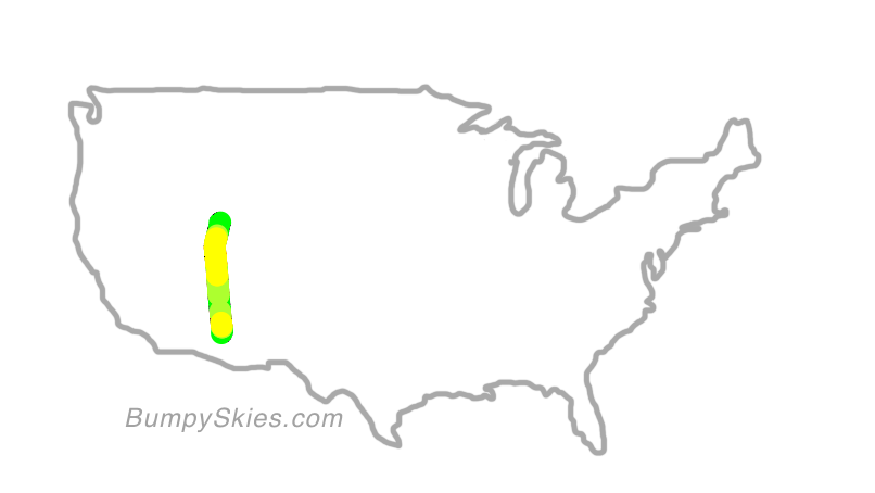 Map of continental US with illustrated flight path and turbulence forecast (described in text below)